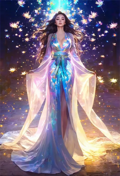 woman, long hair, sunlight, gigantic breasts, iridescent dress, glowing stars, A digital illustration, glowing stars, defraction spikes, chromatic aberration, bloom AND (glowing, holofoil:0.6), a beautiful fantasy empress, guweiz, ruan jia and artgerm, bea...