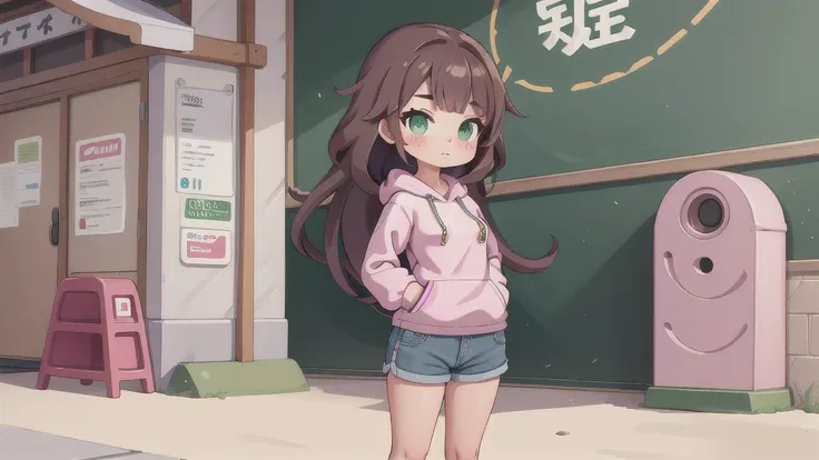 1girl, small breasts, small hips, green eyes, brunette long hair, pink sport hoodie, denim shorts, school corridor, pervert, , freckles