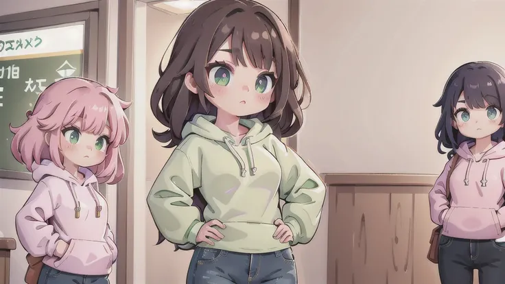 1girl, small breasts, small hips, green eyes, brunette long hair, pink sport hoodie, denim shorts, school corridor, pervert, , freckles