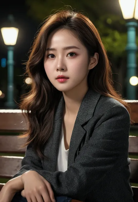 Han So-hee sitting on a park bench, 夜 lights, City lights, moonlight, Night 4K, Fujifilm XT3, 8k, Maximum results, Shot with Kodak, 受賞photograph, (Ultra-realistic:1.5), (Highest quality:1.5), Realistic, Detailed skin texture, masterpiece, (Realistic:1.4), ...