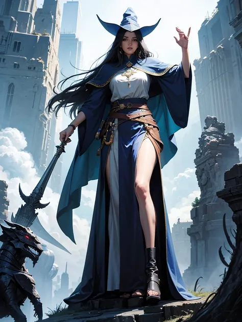 A Tall Mage with a very large wizard&#39;s hat that covers part of her face, angry face with eyes lit by neon flash, holding an extremely detailed crystal staff, long black clothes and cape/cape, Complete black outfit, emanating extremely sinister aura, wh...