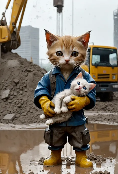 In heavy rain，A soaking wet、Dirty anthropomorphic kitten wearing ragged clothes，Carrying a heavy bag of cement。There&#39;s water all over the ground，The background is a construction site，Workers with crying expressions are carrying cement。The picture is ve...