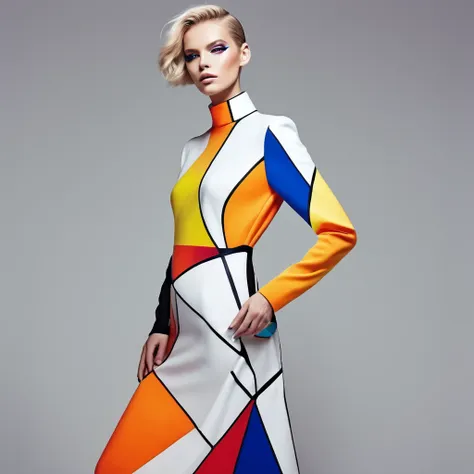 Scenario: Minimalist Studio, white background with projections of colorful geometric shapes, reflective floor, studio lighting with hard shadows.
badass clothing, Accessories and Makeup: structured dress with sculptural shapes in primary colors, transparen...