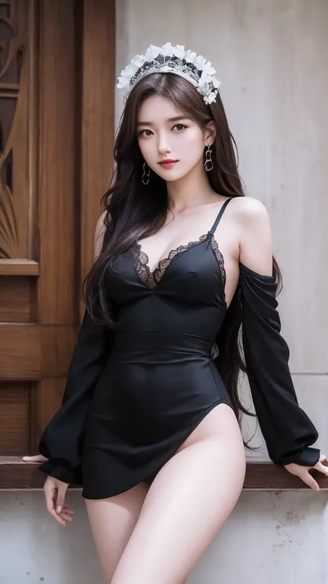 masterpiece, best quality, 1 woman, alone, long hair, looking at viewer, laugh, forehead, headdress, red eyes, long sleeves, sexy dress, standing, clavicle, black hair, brown hair, sexy alternative lingerie, tree, sexy micro chinese lingerie, hairpin, Ning...