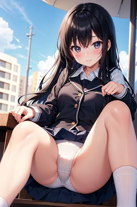 From below, (Squint your eyes:1.2), close, One Girl,Black Hair、 blush, sit, Browsing Caution,beautiful girl,Wear a uniform, Navy Blue Skirt,White panties、Spread your legs、 Anime Movement,