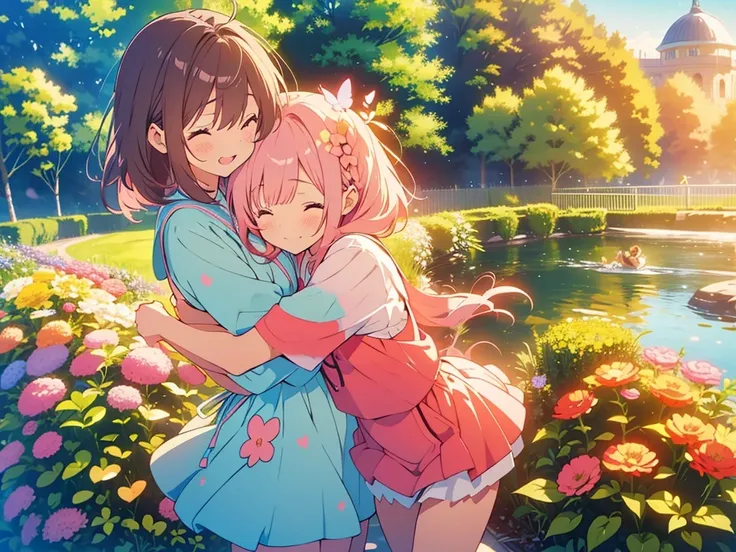 kawaii, anime, Cute, hyper quality, highly detailed, 8k, Clarity, One person has long dark brown hair and green eyes., The other is a young girl with a bright pink short bob and scarlet eyes., Hug each other in Europes natural water gardens, shed tears, A ...