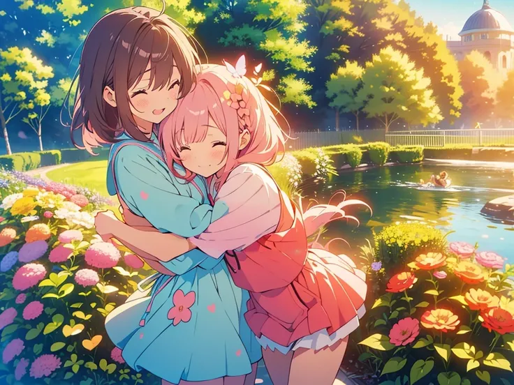 kawaii, anime, Cute, hyper quality, highly detailed, 8k, Clarity, One person has long dark brown hair and green eyes., The other is a young girl with a bright pink short bob and scarlet eyes., Hug each other in Europes natural water gardens, shed tears, A ...