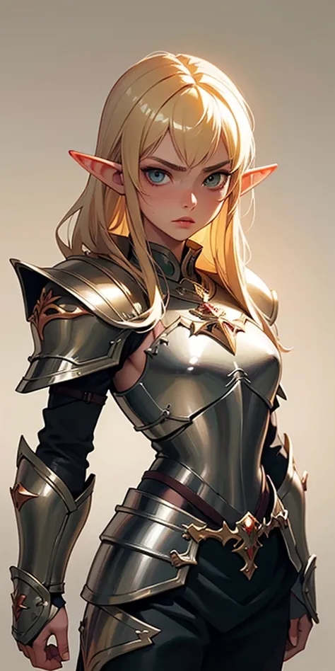 ((masterpiece, best quality)), manga style, elf warrior in armor, blond hair, elf ears, hands behind back, best qualityer，8K， masterpiece, high resolution, two tone lighting, (high detail skin：1.2), beautiful face, gentle illumination, ((blank background))