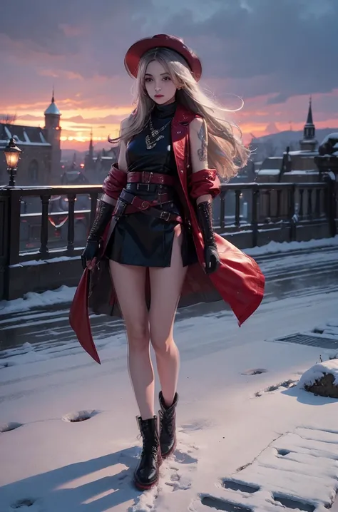 ((Full body photo, standing, feet on the floor)) full body Esbian, of the highest quality, Intricately detailed skins, Shiny skin, Shiny hair, pale complexion，Big breasts), 　Red sky,　Continuous snow， Castle terrace, ((Skull Mark)), ambitious, Seductive Wom...