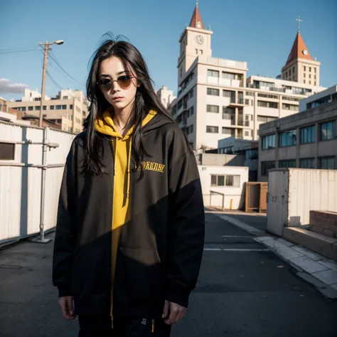  red skin, yellow eyes, long black hair, blue hoodie, walking on the roof, sunglasses