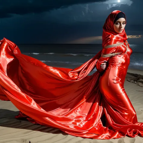 a sexy a woman covered in red satin cloth, mummified in satin, ghost sheet,tied tight in satin, shape like mermaid, tight in leg, wearing a satin hijab, the satin is very long, forming the curve of the body,dramatic flowy satin,strugle to move,full body, m...