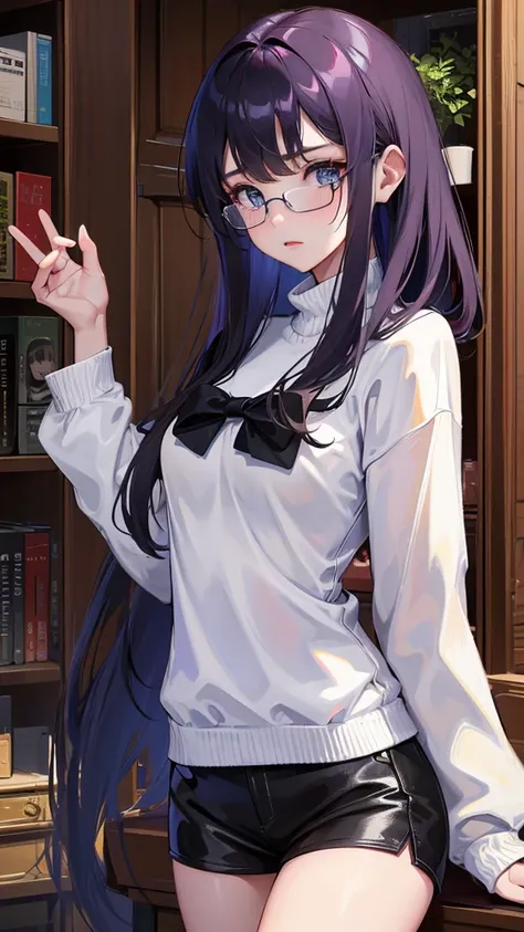 (Top resolution、Distinct_image)top-quality、(A girl) 、​masterpiece、highly detailed, half body, Semi-realistic、 ( blue eyes ) 、18year old,
 ( dark purple hair ) ,young 、Exquisite facial 
An expression of embarrassment, Shy girl,
(Wear glasses) ,Facial featur...