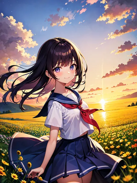 (( best quality, masterpiece, 4k, 8k, 16k, absurdrity,)), Ultra-Wide Angle,  ray tracing, BREAK "1girl, smile, blunt bangs, drooping eyebrows, detailed eyes:1.1", meadow, flying flowers, sunset, smile, white serafuku, blue sailor collar, red neckerchief, l...