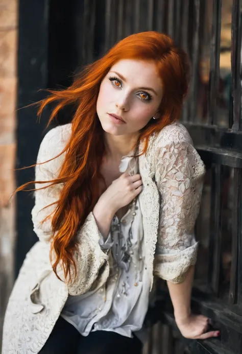 Beautiful red hair woman 20s with orange eyes 