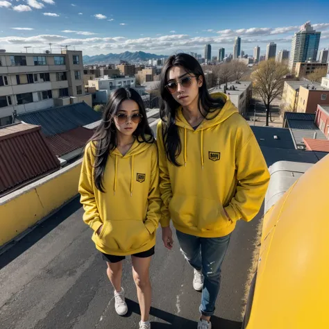  red skin, yellow eyes, long black hair, blue hoodie, walking on the roof, sunglasses