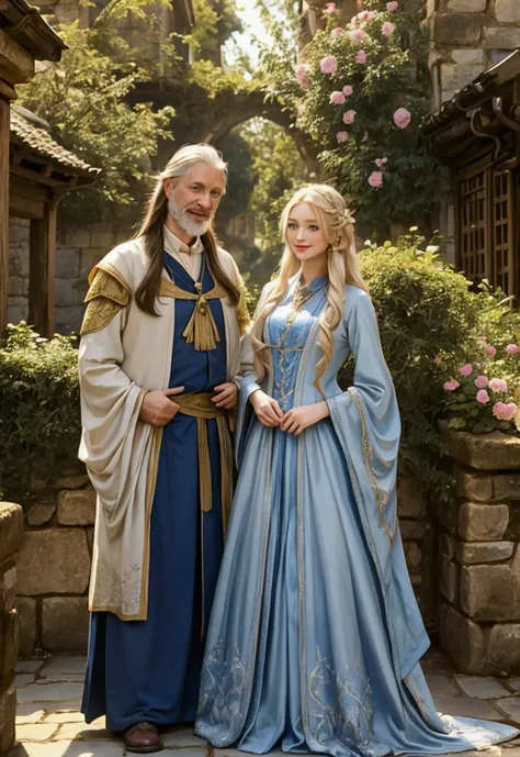 A pretty young blonde woman, 30 years old, long hair. She is quite happy and wears nice medieval clothes and stands in a beautiful garden with her father, 50 years old, white beard. They both smile at the camera. Full body shot. Sun light from the left sid...