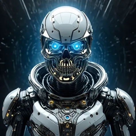 (best quality, 8K,high resolution,masterpiece:1.2,Extremely detailed), （Futuristic skull, Head close-up）, colorful neon, High-tech mechanical parts, skeleton,  Detailed texture design, hovers in mid-air,Electric white and bright gold,Vivid and shining eyes...