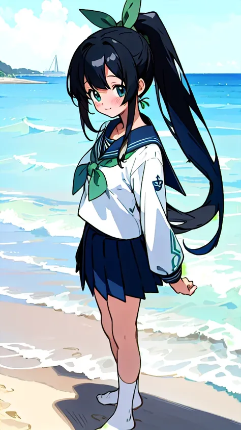 anime characters white skin,long black hair, standing on the beach is a masterpiece, highest quality, detailed skin, detailed ey...