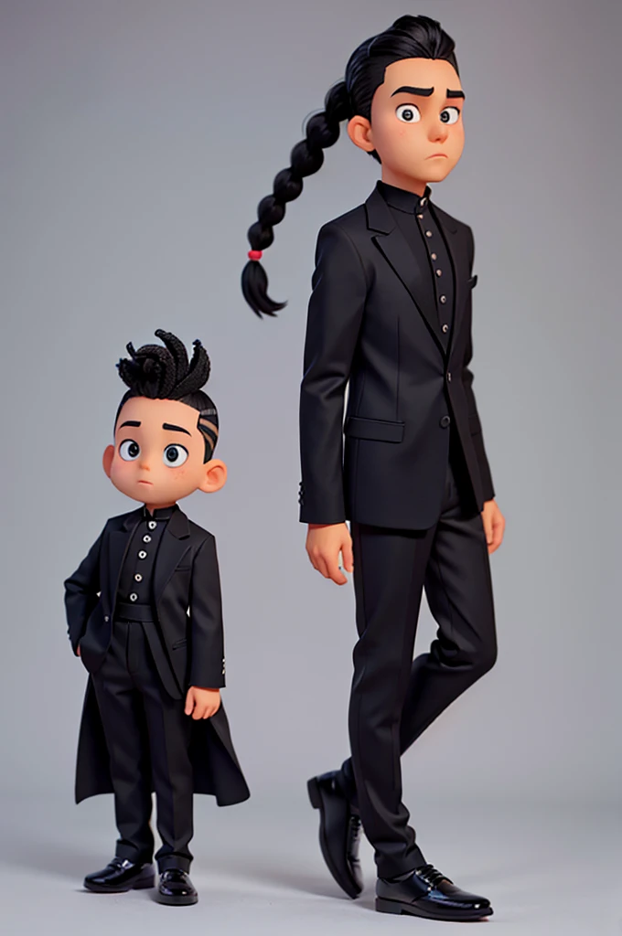  cartoon character that is cute black has braids in his hair on top and the side of his hair is shaved, wear a black blazer, black dress pants and dress shoes 






