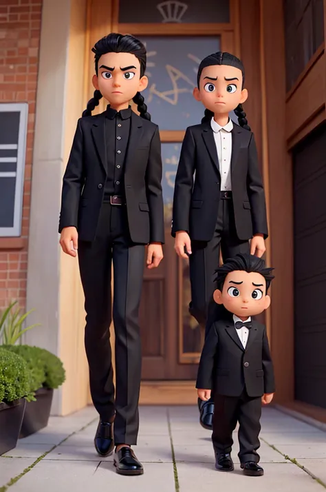  cartoon character that is cute black has braids in his hair on top and the side of his hair is shaved, wear a black blazer, black dress pants and dress shoes 






