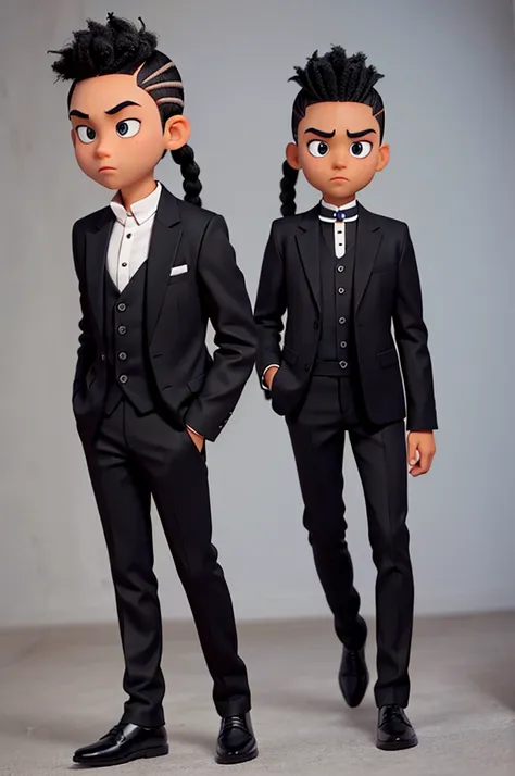  cartoon character that is cute black has braids in his hair on top and the side of his hair is shaved, wear a black blazer, black dress pants and dress shoes 






