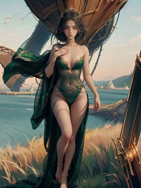 ((aeolian)), 1 young girl with a beautiful face and green eyes, Princess, (wearing a red gown), black hair, no underwear, slim body, long legs, fantasy sea landscape, bare feet, small breasts