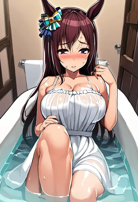 1 girl,mejiro dober (umamusume),(umamusume),shiny skin,sweat,blush,large breasts,sundress,white dress,see-through,water,bathtub,...