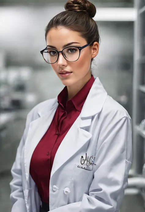  Can I get a beautiful woman with glasses in a bun with a lab coat