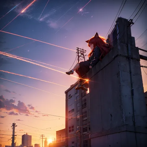 girl, cat ears, look to camera, red long hair , building, cityscape, cloud, cloudy sky, gradient sky, lens flare, no humans, outdoors, power lines, scenery, shooting star, sky, sparkle, star, starry sky, sunset, tree, utility pole