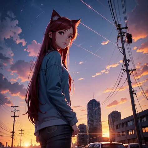 girl, cat ears, look to camera, red long hair , building, cityscape, cloud, cloudy sky, gradient sky, lens flare, no humans, outdoors, power lines, scenery, shooting star, sky, sparkle, star, starry sky, sunset, tree, utility pole