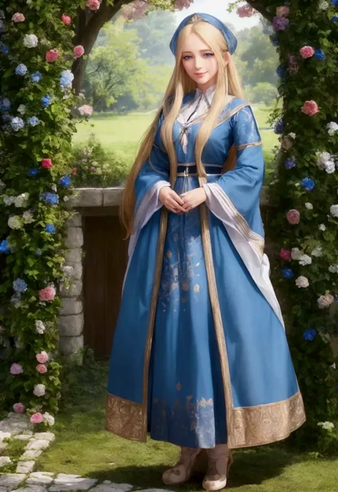 A pretty young blonde woman, 30 years old, long hair. She is quite happy and wears nice medieval clothes and stands in a beautiful garden with her father, 50 years old, white beard. They both smile at the camera. Full body shot. Sun light from the left sid...