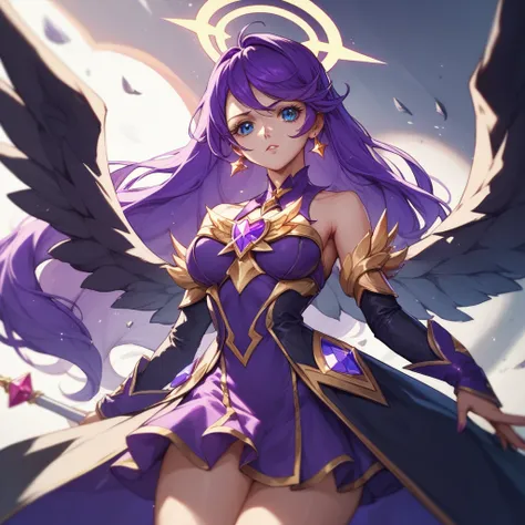 cure slave(magical girl, blue eye, purple hair, long straight hair, dark purple dress, gold vertical line in black coat), black wings, halo, red spark, hyper mode,