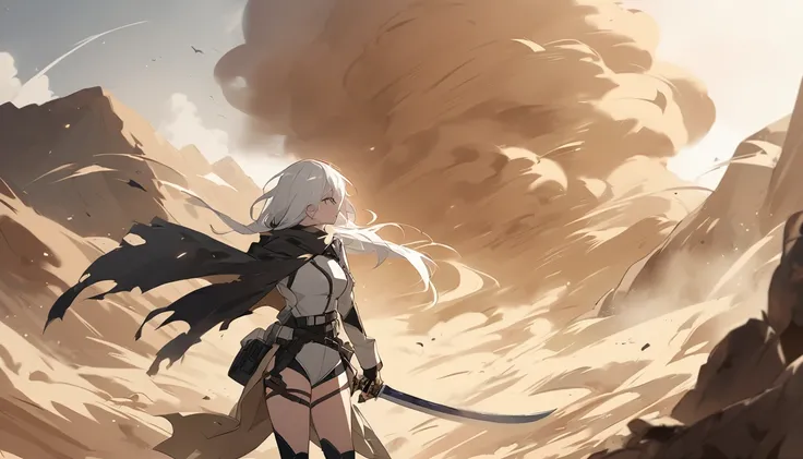 mysterious。White Hair Girl。詳細なbackground：Wilderness Swordsman:

background：Vast wilderness、A sandstorm rages。
White Hair Girl：Light combat uniform、With his dusty cloak fluttering in the wind、Holding a sharp sword。
effect：剣から放たれる光のeffect、The shadow of an en...