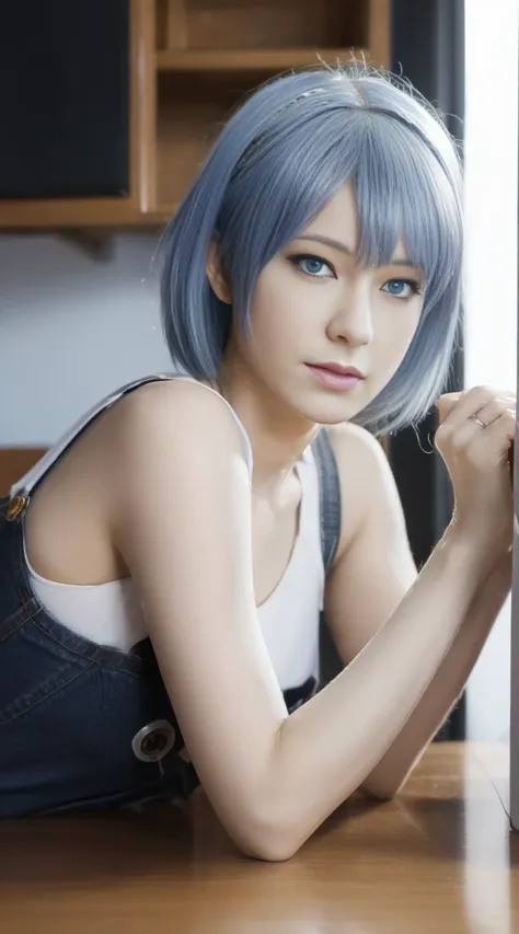 (highest quality, on the table, colorful, dynamic angle, best details)(ayanami rei), denim style, fashion photo of sexy blue bob...