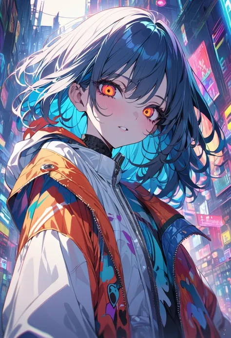 (masterpiece,detailed,High resolution:1.4) , Model shoot, close, detailed face, fine detailed eyes,, (kirishima touka),Blue middle hair,ghoul eyes,Retro Jacket,Tokyo Ghoul,Retrofuturism background, Vibrant colors, High resolution,, ,