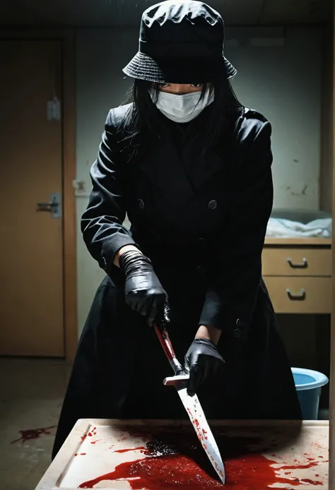 japanese girl, (behind corpse, surgical mask), holding knife, stabbing, black gloves, room full of blood, black trench coat, bucket hat, holding knife, black gloves, behind corpse, blood splatter, long bangs, black wet suit, night, mass murderer, robbery, ...