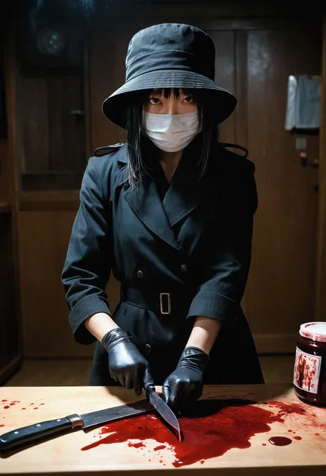 japanese girl, (behind corpse, surgical mask), holding knife, stabbing, black gloves, room full of blood, black trench coat, bucket hat, holding knife, black gloves, behind corpse, blood splatter, long bangs, black wet suit, night, mass murderer, robbery, ...