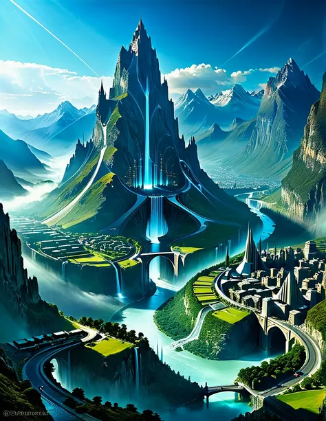 futuristic city, fantasy, 23rd century, England, mountains