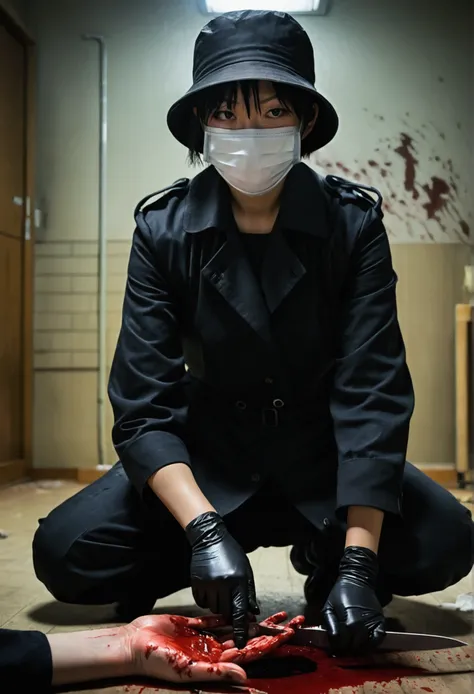 japanese girl, (behind corpse, surgical mask), holding knife, stabbing, black gloves, room full of blood, black trench coat, bucket hat, holding knife, black gloves, behind corpse, blood splatter, short hair, black wet suit, night, mass murderer, robbery, ...