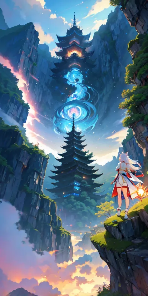 "Anime style illustration of the Tenson Korin myth, with Ninigi no Mikoto descending from the heavens to Takachiho. The background features the picturesque landscape of Takachiho, with its dramatic cliffs and lush greenery, and a celestial pathway of cloud...