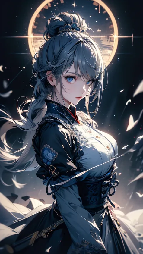 masterpiece, high quality, 4K, Beautiful design, silhouette，Gray Hair， 非常に詳細な夜のStarry Sky,Flower Field， wonderful, Finer details,  Very knowledgeable woman, Highly detailed solo, 1 female,blue eyes，Big Breasts，Gothic Lolita Fashion，Night view，Starry Sky，Bl...