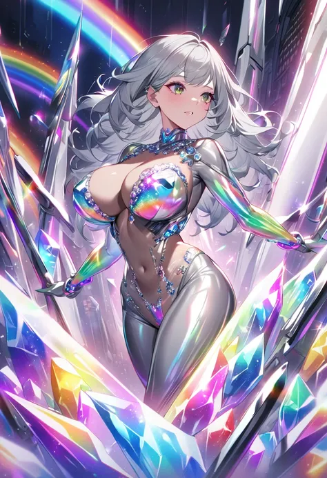 a woman in a silver Bodysuits with a large breast, chrome Bodysuits, Neon crystal body cover, Metal fuselage, cyberpunk Bodysuits, covered in crystals and glitter, Bodysuits, Inspired by Eddie Zandt, Bejeweled costumes, Rainbow-colored sheer lingerie, Shin...