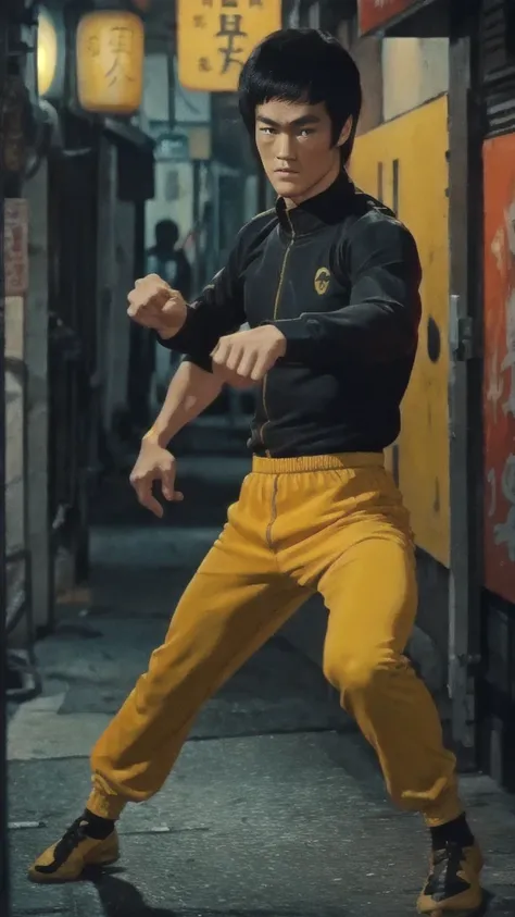 Bruce Lee wears a yellow tracksuit、Hong Kong backstreet background at night、Face the enemy、