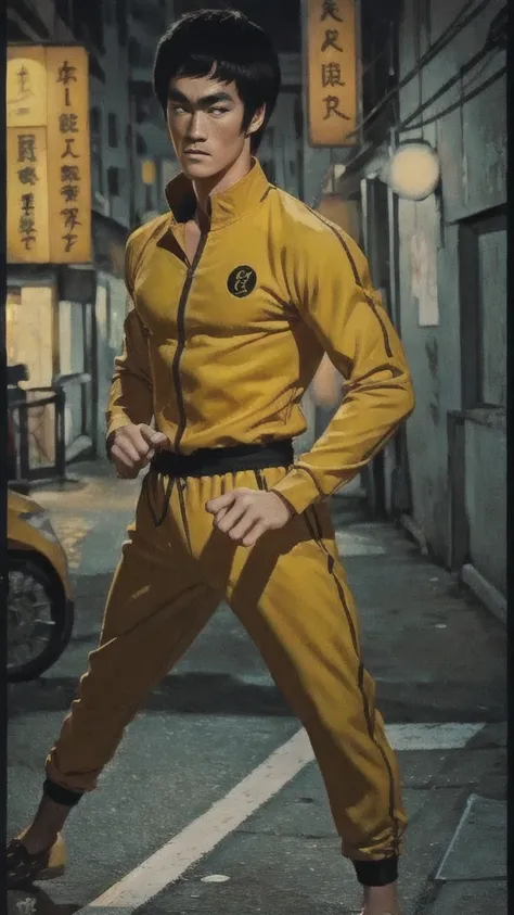 bruce lee wears a yellow tracksuit、hong kong backstreet background at night、face the enemy、