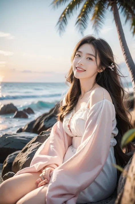 (((best quality))),(((ultra detailed))),(((masterpiece))),illustration,1girl, young, beautiful, long hair, flowing dress, joyful expression, outdoor setting, beach, sunrise, soft lighting, pastel colors, serene atmosphere, music, singing, nostalgic feeling...