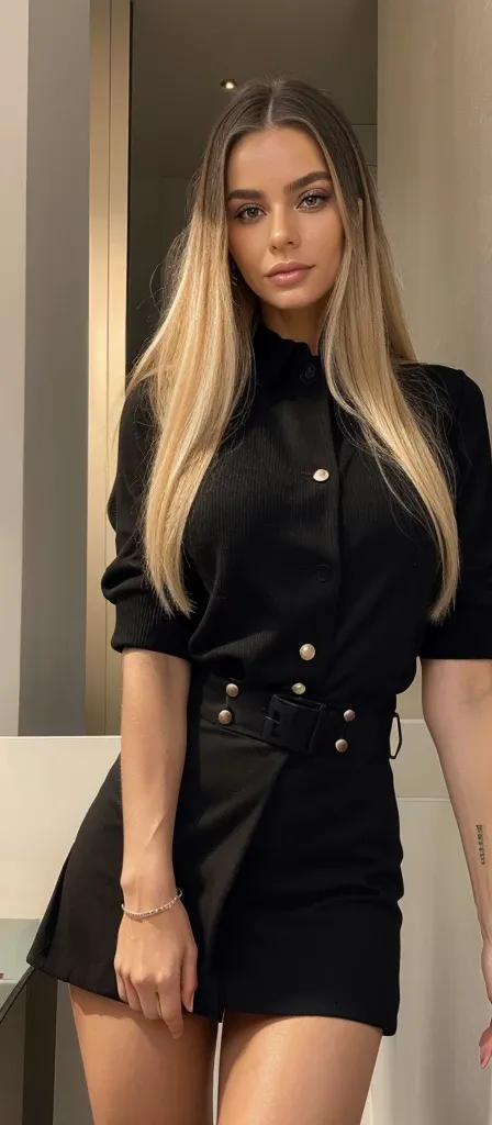 A realistic photo of beautiful rich italian business woman with black short skirt suit, light makeup, long straight blonde hair, high quality, very detailed, perfect fit, looking at the camera, detailed face