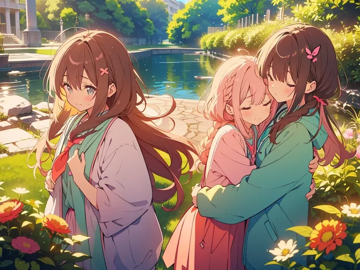 kawaii, anime, Cute, hyper quality, highly detailed, 8k, Clarity, One person has long dark brown hair and green eyes., The other is a young girl with a bright pink short bob and scarlet eyes., Hug each other in Europes natural water gardens, shed tears, A ...