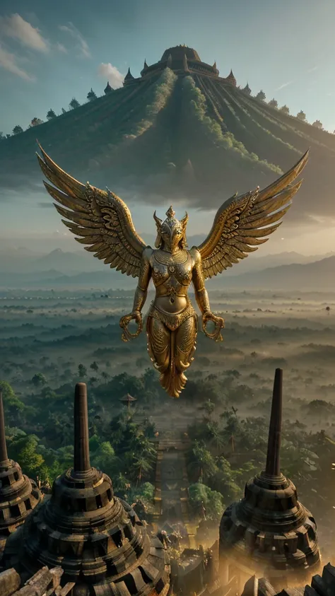 Garuda, the magnificent mythical bird soaring over Borobudur temple, golden wings outstretched, mystical Indonesian landscape, intricate architectural details, dramatic lighting, cinematic composition, photorealistic, hyper detailed, 8k, masterpiece, epic ...