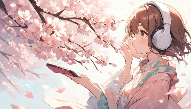 Girl wearing headphones。Brown Hair。1 person。bright。While being blown by the spring breeze、Girl with headphones trying to catch cherry blossom petals。