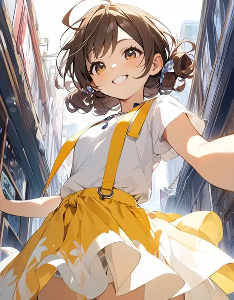 (Top quality illustrations:1.2), (1 girl、17 years old、Top quality illustrations:1.2), (1 girl、smile、Small breasts、Kind eyes)、Dark brown hair、short hair、Wavy Hair、Curly Hair、Low twin tails、Short pigtails、Summer fashion、from below